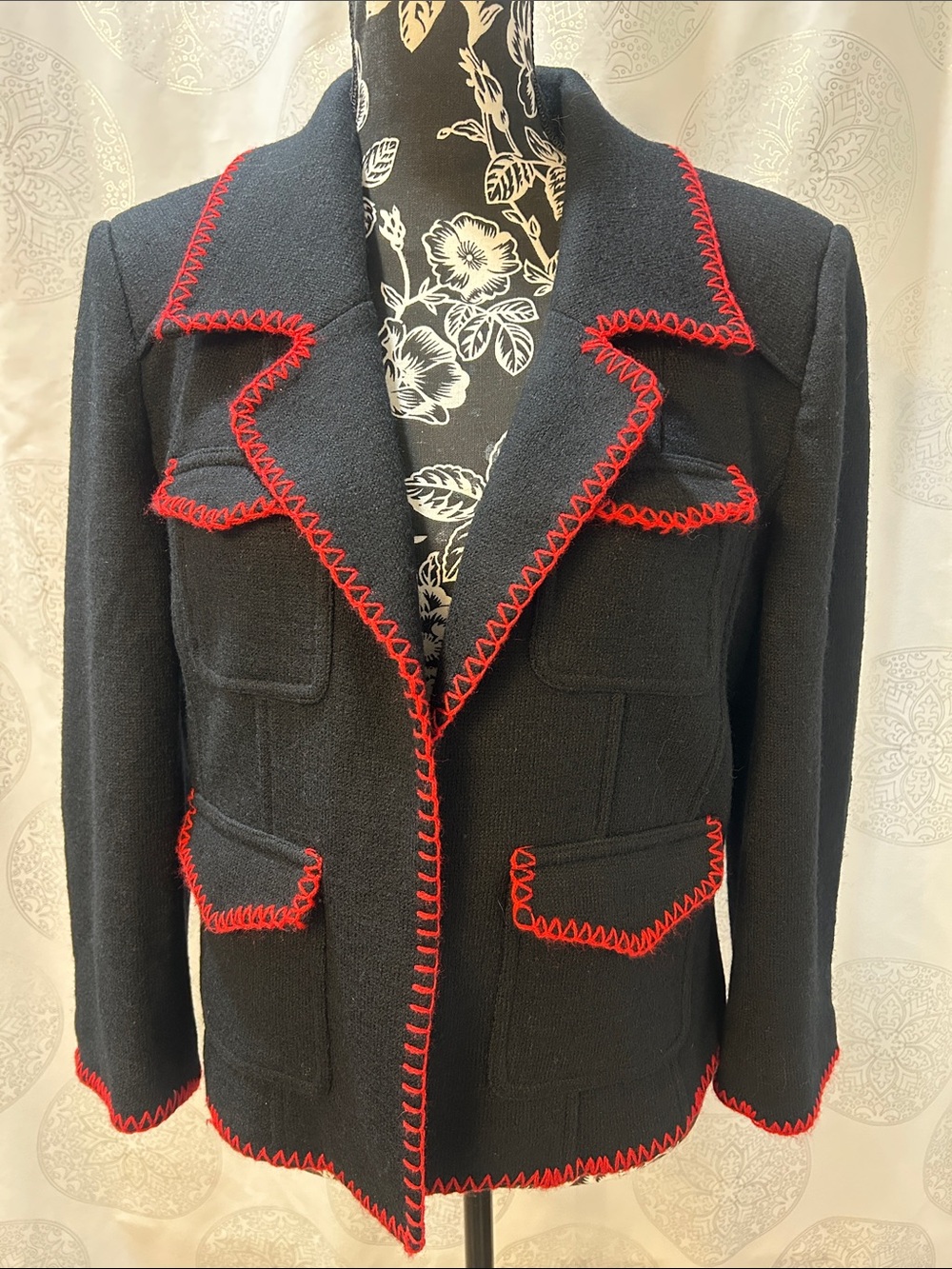 Black Wool Sweater Blazer Jacket Cardigan Red Trim Women Large L - Picture 2 of 16